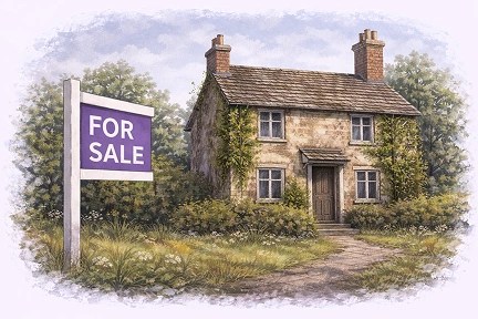 An illustration of a stone cottage with a For Sale board at the front gate
