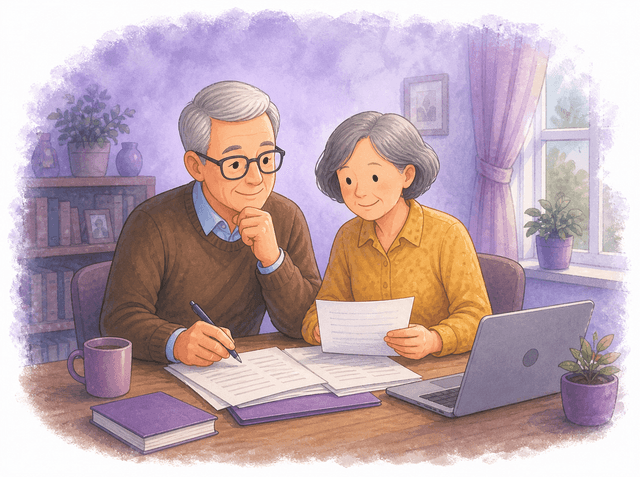 A couple at a dining table going through estate paperwork together