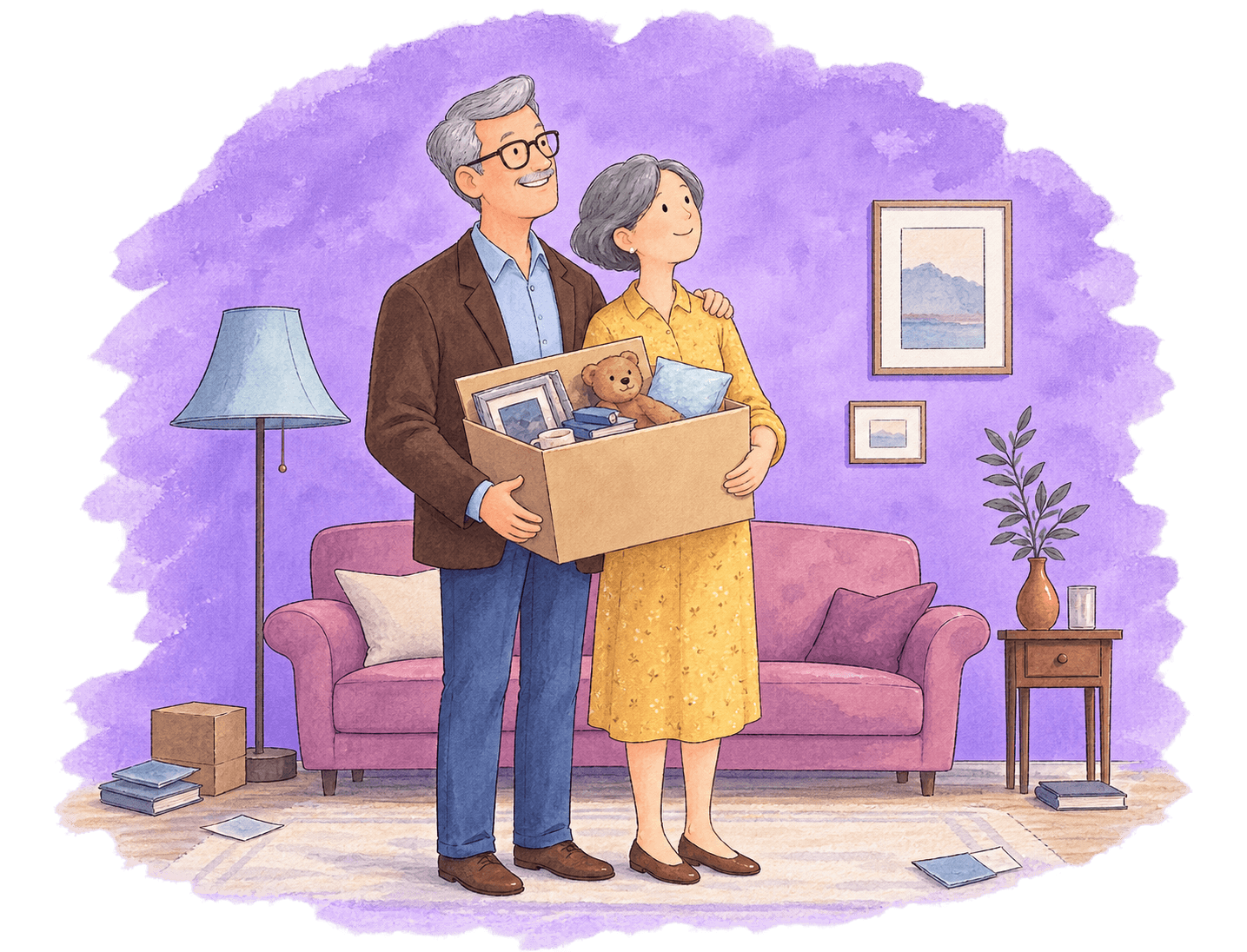 An older couple in their living room holding a box of framed photographs and keepsakes
